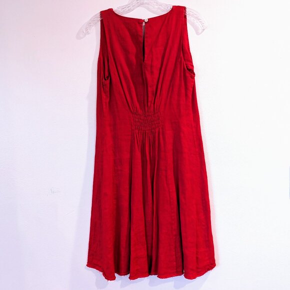 PIAZZA DEL TEMPIO 100% Linen Dress S Fit & Flare w/ Smocking Sleeveless Red Pink - Picture 3 of 9